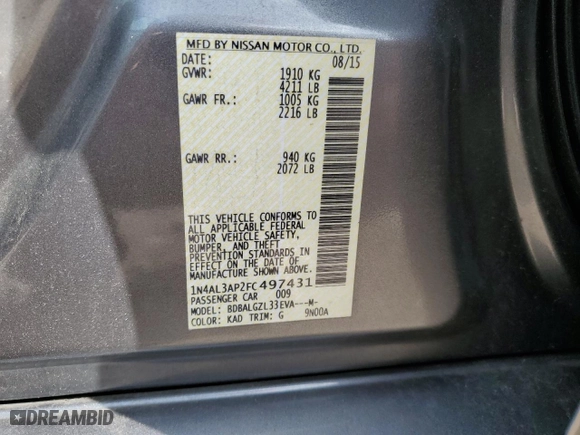 2015 Nissan Altima 2.5 SL with VIN 1N4AL3AP2FC497431, listed as a Copart auction lot 53579115 with 156,413 mi miles and Clean Title. Bid and sale history available at carsss.com. Image 12.