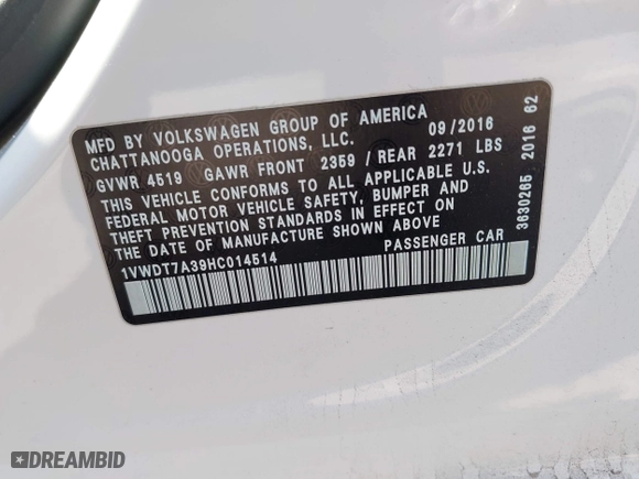 2017 Volkswagen Passat R-Line w/Comfort Pkg with VIN 1VWDT7A39HC014514, listed as a IAAI auction lot 41988227 with 87,038 mi miles. Bid and sale history available at carsss.com. Image 9.