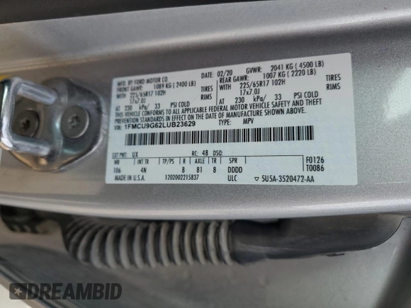 2020 Ford Escape SE с VIN 1FMCU9G62LUB23629, выставлен на аукционе Copart как лот 59285235 с пробегом 94 017 миль миль и Списание • Salvage title. История ставок и продаж доступна на DreamBid. Изображение 13.
