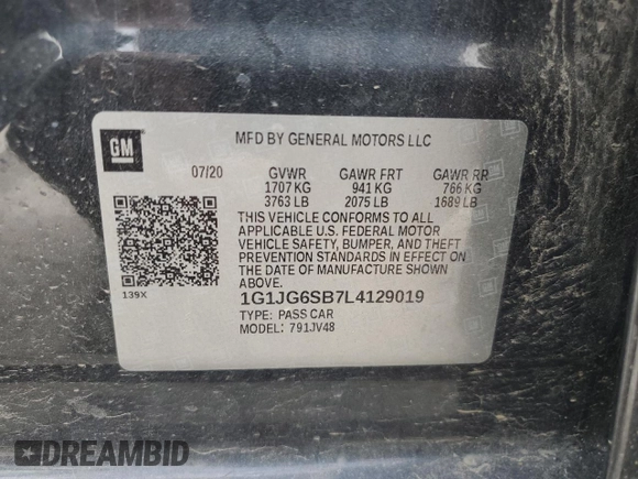 2020 Chevrolet Sonic LT with VIN 1G1JG6SB7L4129019, listed as a Copart auction lot 56726545 with 50,937 mi miles and Salvage title. Bid and sale history available at DreamBid. Image 12.