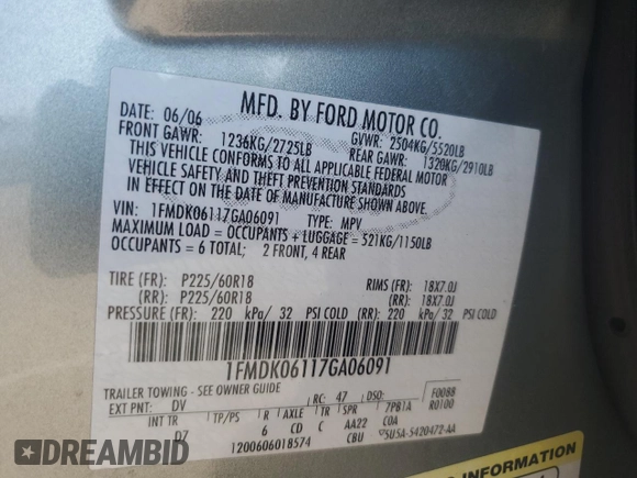 2007 Ford Freestyle Limited z VIN 1FMDK06117GA06091, wystawiony jako Copart lot #71226554 z przebiegiem 117 663 mil mil oraz Szkoda całkowita • Salvage title. Historia ofert i sprzedaży dostępna na DreamBid. Obrazek 13.