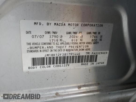 2008 Mazda 3 i Sport with VIN JM1BK12F381791446, listed as a Copart auction lot 43810635 with 134,415 mi miles and Salvage Title. Bid and sale history available at DreamBid. Image 12.