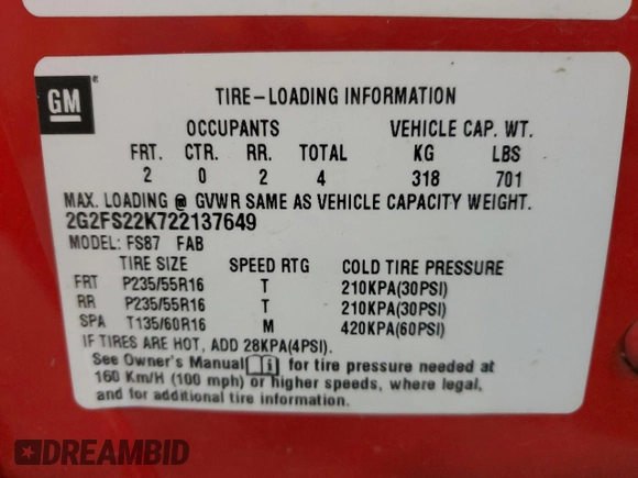 2002 Pontiac Firebird Firebird with VIN 2G2FS22K722137649, listed as a Copart auction lot 44795985 with 92,573 mi miles and Salvage title. Bid and sale history available at DreamBid. Image 13.