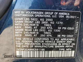 2021 Volkswagen Atlas S with VIN 1V2AP2CA8MC591195, listed as a Copart auction lot 43898235 with 51,443 mi miles and Salvage title. Bid and sale history available at DreamBid. Image 14.