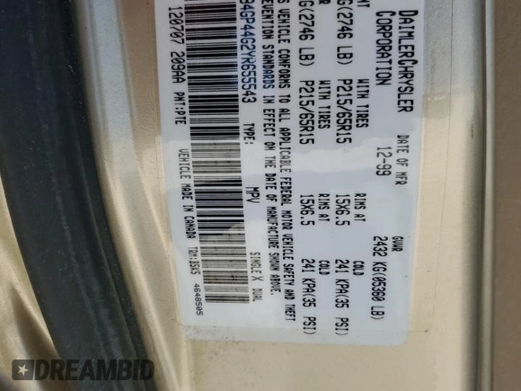 2000 Dodge Caravan SE with VIN 2B4GP44G2YR655543, listed as a Copart auction lot 42619794 with Not Provided miles and Salvage Title. Bid and sale history available at DreamBid. Image 15.