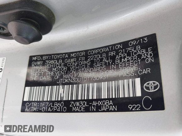 2013 Toyota Prius One with VIN JTDKN3DU1D1730931, listed as a IAAI auction lot 41549315 with 162,741 mi miles. Bid and sale history available at carsss.com. Image 9.