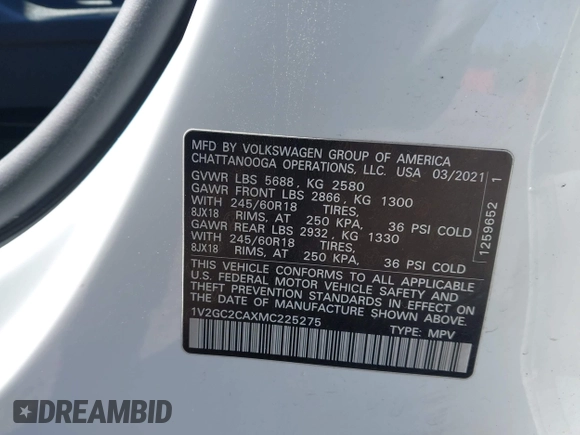 2021 Volkswagen Atlas S with VIN 1V2GC2CAXMC225275, listed as a IAAI auction lot 42341121 with 79,999 mi miles and . Bid and sale history available at DreamBid. Image 9.
