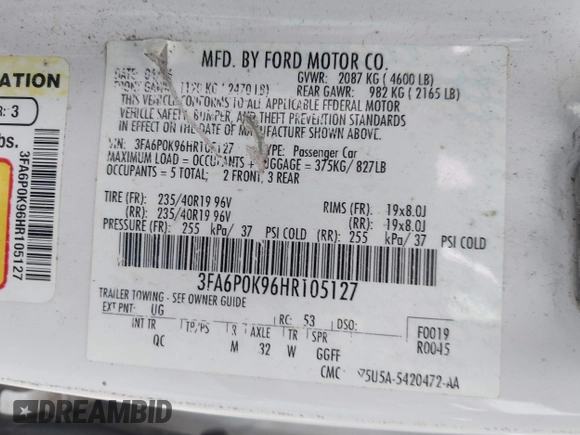 2017 Ford Fusion Titanium with VIN 3FA6P0K96HR105127, listed as a IAAI auction lot 39351701 with 103,295 mi miles. Bid and sale history available at carsss.com. Image 9.