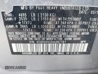 2017 Subaru Outback Premium with VIN 4S4BSAHC6H3367191, listed as a IAAI auction lot 42281789 with 91,924 mi miles and . Bid and sale history available at DreamBid. Image 9.