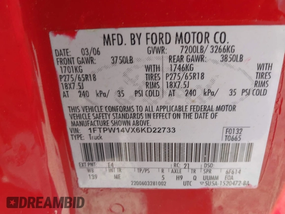 2006 Ford F-150 XLT with VIN 1FTPW14VX6KD22733, listed as a IAAI auction lot 42182156 with 264,829 mi miles and . Bid and sale history available at carsss.com. Image 9.