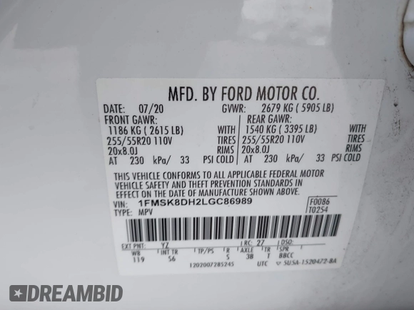 2020 Ford Explorer XLT with VIN 1FMSK8DH2LGC86989, listed as a IAAI auction lot 41078980 with 76,326 mi miles. Bid and sale history available at carsss.com. Image 9.