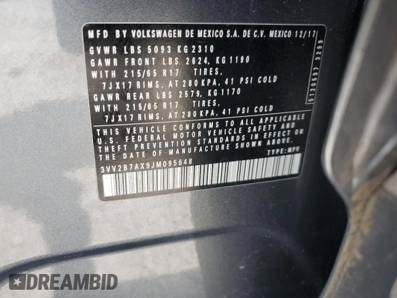 2018 Volkswagen Tiguan SEL с VIN 3VV2B7AX9JM095648, выставлен на аукционе Copart как лот 62558265 с пробегом 104 498 миль миль и Списание • Salvage title. История ставок и продаж доступна на DreamBid. Изображение 14.