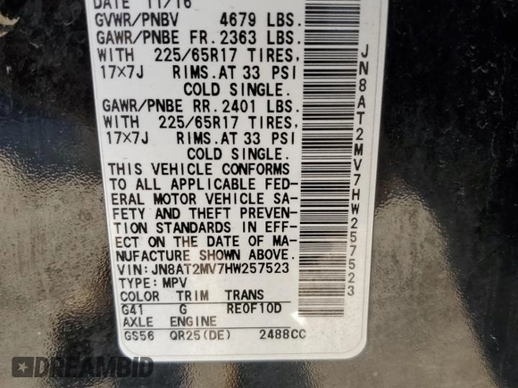 2017 Nissan Rogue S with VIN JN8AT2MV7HW257523, listed as a Copart auction lot 52783205 with 130,582 mi miles and Salvage title. Bid and sale history available at DreamBid. Image 13.