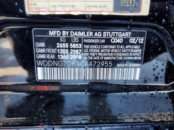 2012 Mercedes-Benz S-Class S 550 with VIN WDDNG7DB4CA472955, listed as a Copart auction lot 49275495 with 143,550 mi miles and Salvage Title. Bid and sale history available at carsss.com. Image 12.