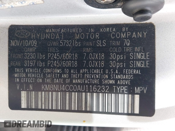 2010 Hyundai Veracruz Limited with VIN KM8NU4CC0AU116232, listed as a IAAI auction lot 42698369 with 207,134 mi miles and . Bid and sale history available at DreamBid. Image 9.