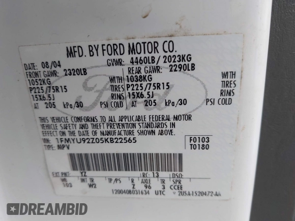 2005 Ford Escape XLS Value with VIN 1FMYU92Z05KB22565, listed as a IAAI auction lot 42277844 with 170,665 mi miles and . Bid and sale history available at DreamBid. Image 9.