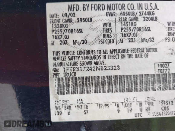 2002 Ford F-150 XL с VIN 1FTRX17242NB23323, выставлен на аукционе IAAI как лот 42363484 с пробегом Не указан миль и . История ставок и продаж доступна на DreamBid. Изображение 9.
