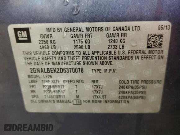 2013 Chevrolet Equinox LS with VIN 2GNALBEK2D6370078, listed as a Copart auction lot 46510785 with 179,921 mi miles and Clean Title. Bid and sale history available at DreamBid. Image 14.