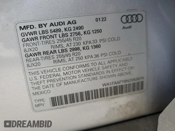 2022 Audi Q5 S line Prestige with VIN WA1FAAFY8N2053674, listed as a Copart auction lot 83593924 with 36,921 mi miles and Salvage Title. Bid and sale history available at carsss.com. Image 13.