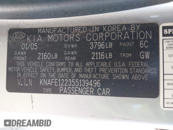 2005 Kia Spectra LX with VIN KNAFE122355139496, listed as a IAAI auction lot 41955660 with 58,676 mi miles. Bid and sale history available at carsss.com. Image 9.