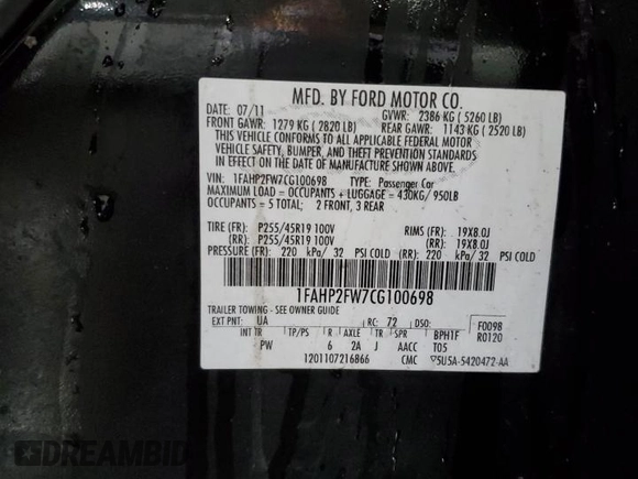 2012 Ford Taurus Limited с VIN 1FAHP2FW7CG100698, выставлен на аукционе Copart как лот 59015515 с пробегом 190 295 миль миль и Списание • Salvage title. История ставок и продаж доступна на DreamBid. Изображение 12.
