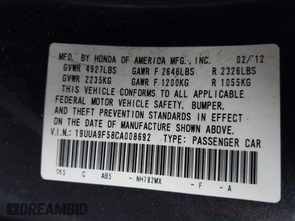 2012 Acura TL Technology z VIN 19UUA9F58CA008692, wystawiony jako IAAI lot #41354545 z przebiegiem 215 580 mil mil oraz . Historia ofert i sprzedaży dostępna na DreamBid. Obrazek 9.
