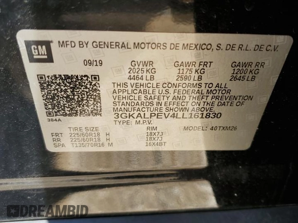 2020 GMC Terrain SLT z VIN 3GKALPEV4LL161830, wystawiony jako Copart lot #53154725 z przebiegiem 66 577 mil mil oraz Szkoda całkowita • Salvage title. Historia ofert i sprzedaży dostępna na DreamBid. Obrazek 15.