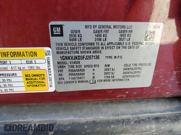 2015 Chevrolet Traverse LTZ with VIN 1GNKVJKD3FJ207136, listed as a Copart auction lot 86879464 with 120,685 mi miles and Salvage Title. Bid and sale history available at DreamBid. Image 14.