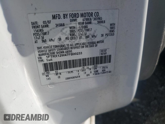 2007 Ford F-150 STX with VIN 1FTRX12W47FB00233, listed as a Copart auction lot 61870565 with 205,846 mi miles and Clean title. Bid and sale history available at DreamBid. Image 12.