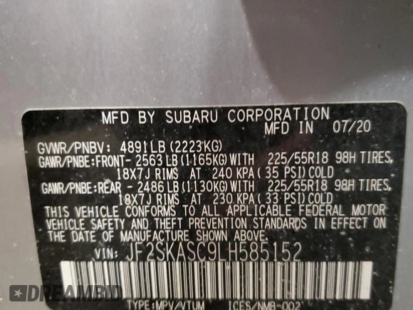 2020 Subaru Forester Limited with VIN JF2SKASC9LH585152, listed as a Copart auction lot 42211585 with 43,871 mi miles and Salvage Title. Bid and sale history available at carsss.com. Image 12.