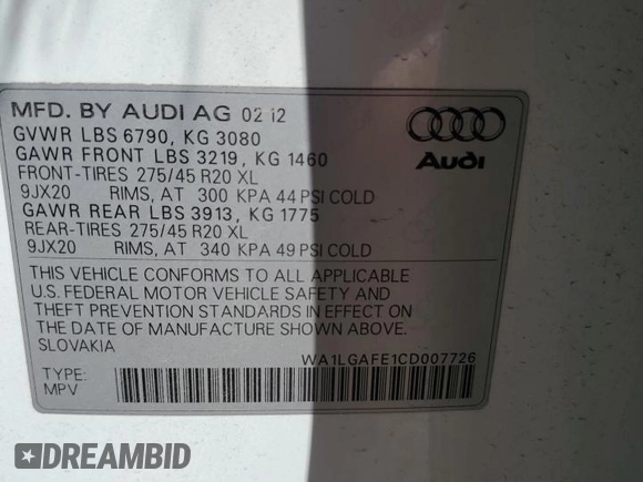 2012 Audi Q7 Premium Plus with VIN WA1LGAFE1CD007726, listed as a Copart auction lot 61665715 with 143,108 mi miles and Clean title. Bid and sale history available at DreamBid. Image 13.