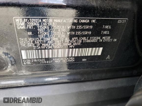 2021 Toyota RAV4 XLE Premium with VIN 2T3A1RFV3MC195877, listed as a Copart auction lot 55220955 with 92,679 mi miles and Salvage title. Bid and sale history available at DreamBid. Image 13.