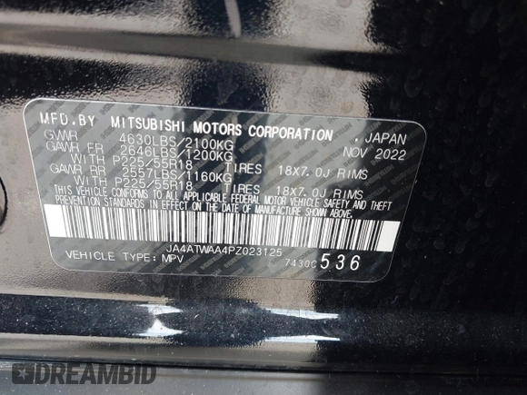 2023 Mitsubishi Eclipse Cross SE z VIN JA4ATWAA4PZ023125, wystawiony jako IAAI lot #42098853 z przebiegiem 15 511 mil mil oraz . Historia ofert i sprzedaży dostępna na DreamBid. Obrazek 9.