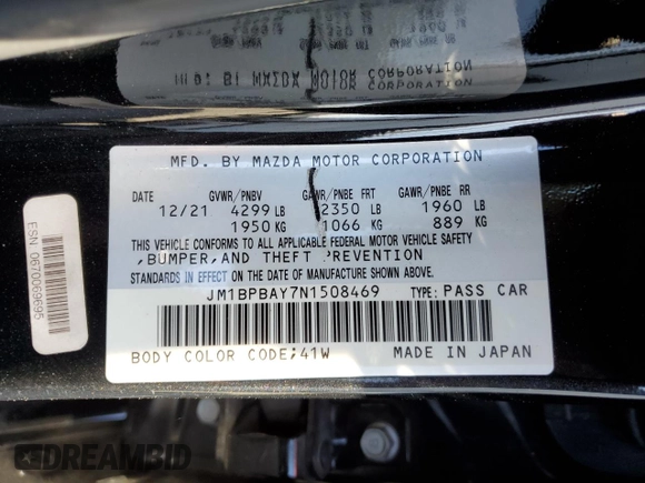 2022 Mazda 3 2.5 Turbo with VIN JM1BPBAY7N1508469, listed as a Copart auction lot 88733935 with 30,247 mi miles and Salvage Title. Bid and sale history available at DreamBid. Image 12.