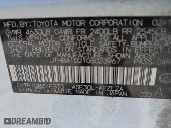 2016 Lexus IS 200t with VIN JTHBA1D21G5023967, listed as a IAAI auction lot 42051274 with 75,561 mi miles and . Bid and sale history available at DreamBid. Image 9.