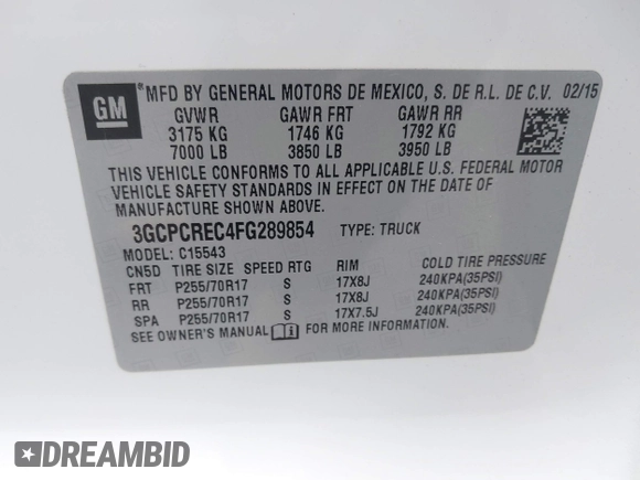 2015 Chevrolet Silverado 1500 LT with VIN 3GCPCREC4FG289854, listed as a IAAI auction lot 42086024 with 177,666 mi miles and . Bid and sale history available at DreamBid. Image 9.