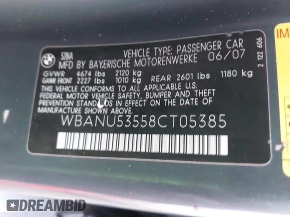 2008 BMW 5 Series 528i with VIN WBANU53558CT05385, listed as a IAAI auction lot 41732605 with 158,632 mi miles and . Bid and sale history available at DreamBid. Image 9.
