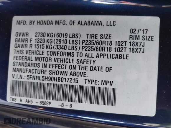 2017 Honda Odyssey Touring with VIN 5FNRL5H90HB017215, listed as a IAAI auction lot 42574528 with 61,386 mi miles and . Bid and sale history available at DreamBid. Image 9.