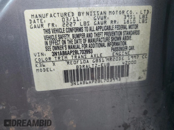 2011 Nissan Sentra 2.0 with VIN 3N1AB6AP2BL703993, listed as a Copart auction lot 80216884 with 135,877 mi miles and Salvage Title. Bid and sale history available at DreamBid. Image 13.