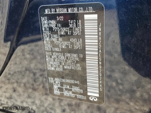 2022 Infiniti QX80 LUXE with VIN JN8AZ2AE5N9292445, listed as a Copart auction lot 77540474 with NaN miles and Salvage Title. Bid and sale history available at carsss.com. Image 13.