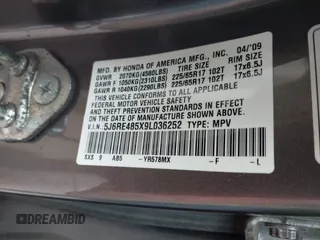 2009 Honda CR-V EX with VIN 5J6RE485X9L036252, listed as a IAAI auction lot 42017954 with 216,225 mi miles. Bid and sale history available at carsss.com. Image 9.