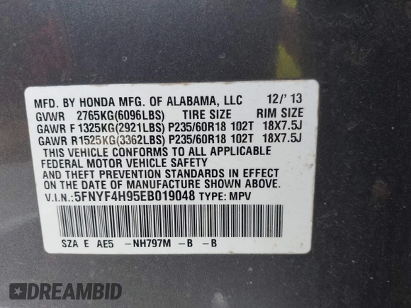 2014 Honda Pilot Touring with VIN 5FNYF4H95EB019048, listed as a IAAI auction lot 41526958 with 172,252 mi miles and . Bid and sale history available at DreamBid. Image 9.