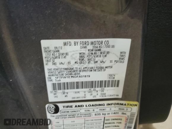 2013 Ford F-150 XL with VIN 1FTFW1ET6DFA01819, listed as a Copart auction lot 65373445 with Not provided miles and Clean title. Bid and sale history available at DreamBid. Image 12.