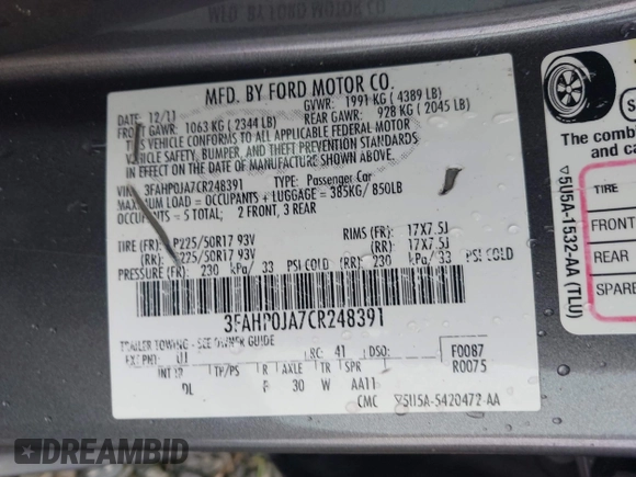 2012 Ford Fusion SEL with VIN 3FAHP0JA7CR248391, listed as a IAAI auction lot 41982564 with 211,672 mi miles and . Bid and sale history available at DreamBid. Image 9.
