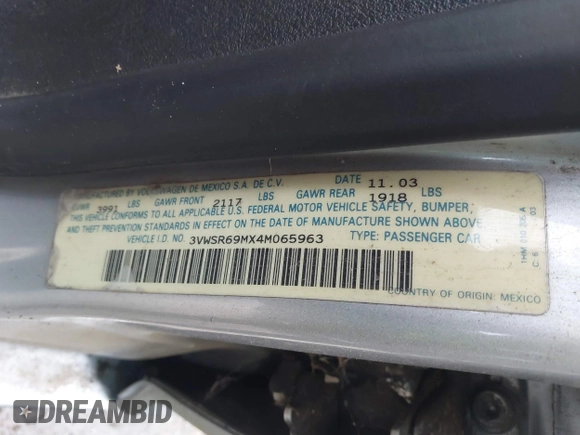 2004 Volkswagen Jetta GLS with VIN 3VWSR69MX4M065963, listed as a IAAI auction lot 41091439 with 196,158 mi miles and . Bid and sale history available at DreamBid. Image 9.