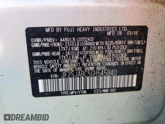 2016 Subaru Forester 2.5i z VIN JF2SJABC5GH545840, wystawiony jako Copart lot #48722505 z przebiegiem 98 840 mil mil oraz Szkoda całkowita • Salvage title. Historia ofert i sprzedaży dostępna na DreamBid. Obrazek 14.