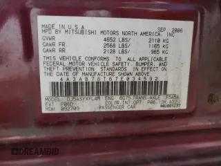 2007 Mitsubishi Galant Ralliart z VIN 4A3AB76T67E034592, wystawiony jako Copart lot #72078104 z przebiegiem 206 481 mil mil oraz Szkoda całkowita • Salvage title. Historia ofert i sprzedaży dostępna na DreamBid. Obrazek 13.
