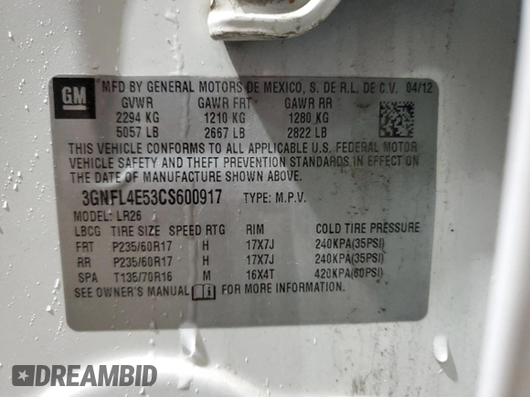 2012 Chevrolet Captiva Sport LTZ with VIN 3GNFL4E53CS600917, listed as a Copart auction lot 53021465 with 135,579 mi miles and Clean Title. Bid and sale history available at carsss.com. Image 13.