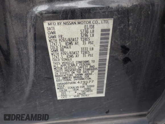 2008 Nissan Frontier SE with VIN 1N6AD07U08C429177, listed as a IAAI auction lot 42293681 with 209,319 mi miles and . Bid and sale history available at DreamBid. Image 9.