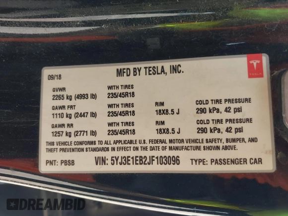 2018 Tesla Model 3 Long Range Battery z VIN 5YJ3E1EB2JF103096, wystawiony jako IAAI lot #42016324 z przebiegiem 143 247 mil mil oraz . Historia ofert i sprzedaży dostępna na DreamBid. Obrazek 9.